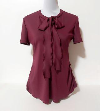 Women's Tie Neck Short Sleeve Pleated Maroon Blouse/Tops for Formal Attire