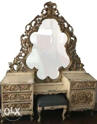 Hand carved dresser with fulllength mirror and matching chair