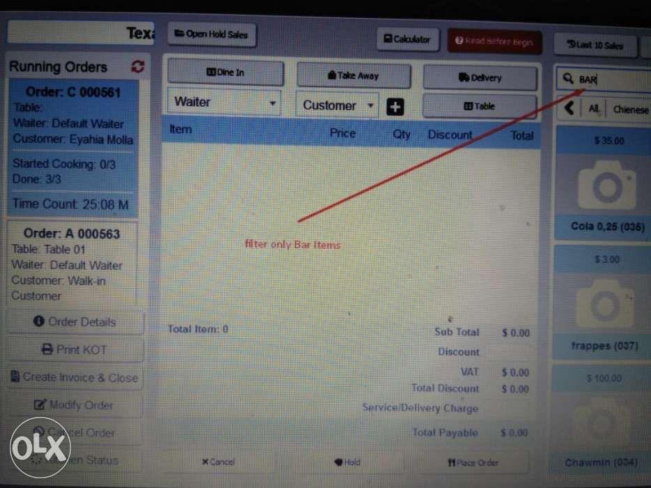 Restaurant Point of Sales POS (Category: Office & Business Technology) located in Manila. Submitted by ph.programmer (Listing ID 238987815, Image 2). Description: Customized software for all restaurant Recipe management Inventory Auto Deduction on Sale Very Power POS Dine In, Take Away, Delivery Kitchen, Bar, Waiter Panel Kitchen Performance Report Add New item in running order Send only new items to kitchen Order Progress Check Ready Order Notif
