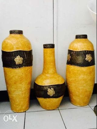 Set of 3 Yellow HandPainted Large Jars Pottery