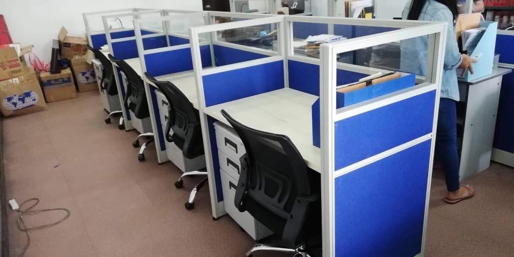 Office partition blue color fabric with glass, Furniture & Home Living