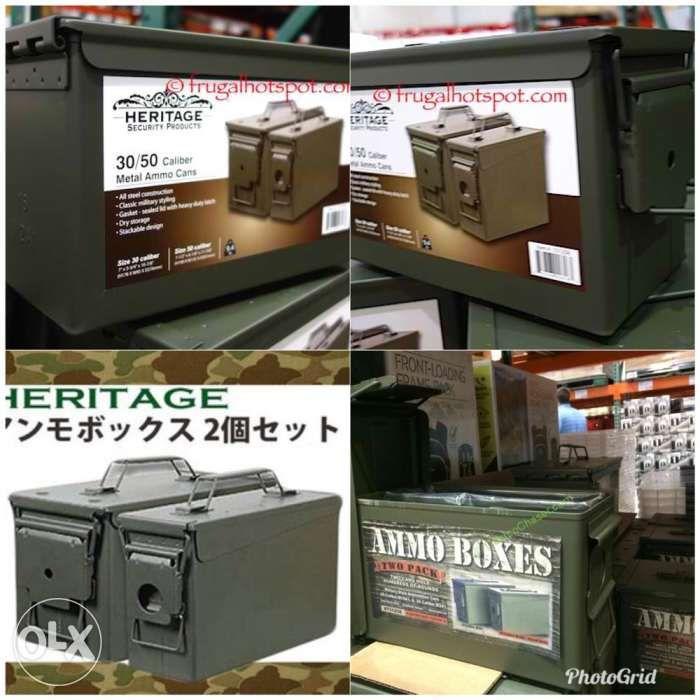 Ammo Metal box (Category: Storage Boxes & Baskets) located in Manila. Submitted by joeyroque09 (Listing ID 239256831, Image 2). Description: Heritage Security Products 50/30 Caliber Metal Ammo Cans 2 pack Color and design as shown in the photos. 30 Caliber Can: 7" x 3.75" x 10.88" 50 Caliber Can: 7.5" x 6.13" x 11.88" All Steel Construction Gasket-Sealed Lid with Heavy Duty Latch Dry Storage Stackable Design.