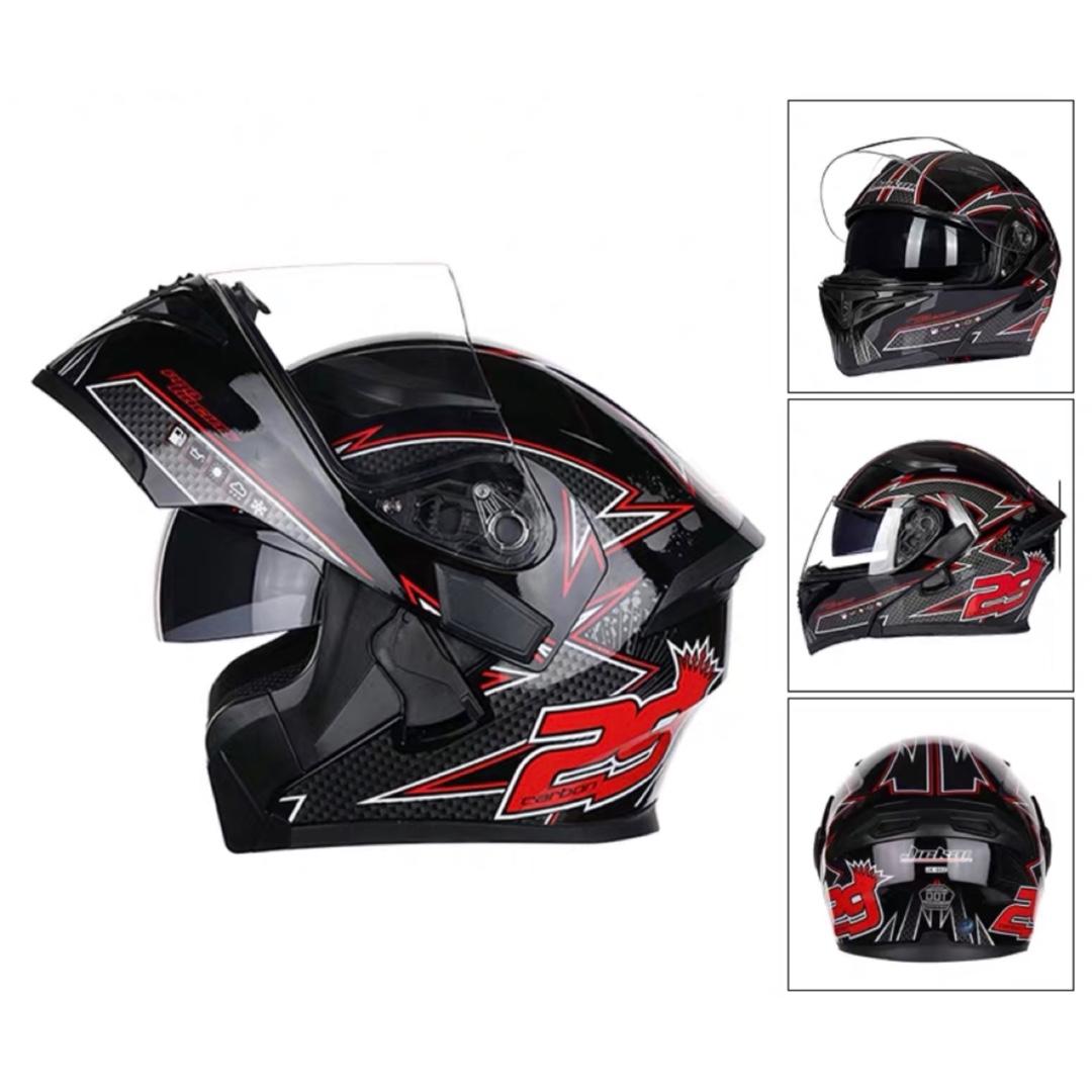 Black with Red and Carbon Fibre Full Face Flip Up Motorcycle Motorbike ...