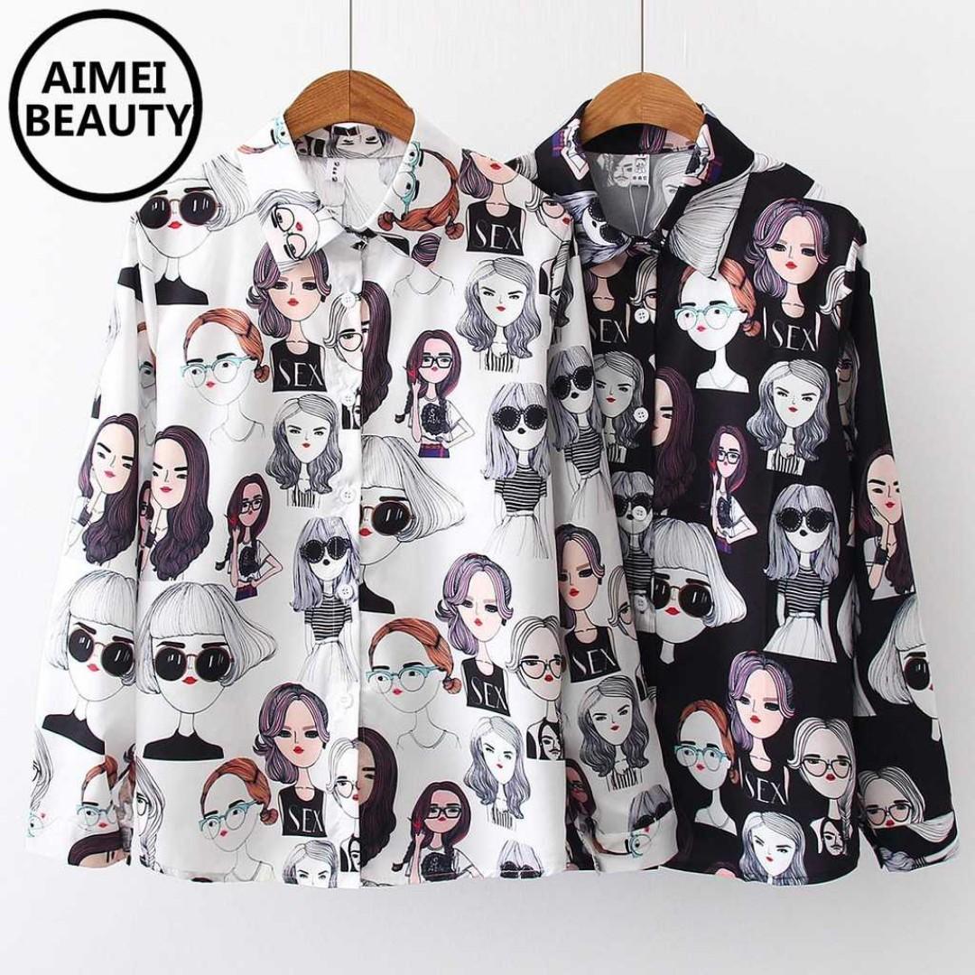 Kemeja Wanita Korea Retro Longgar Lengan Panjang Motif Print Fesyen Wanita Pakaian Wanita Atasan Di Carousell