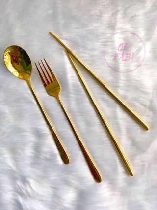 Gold korean spoon and fork w/ chopsticks