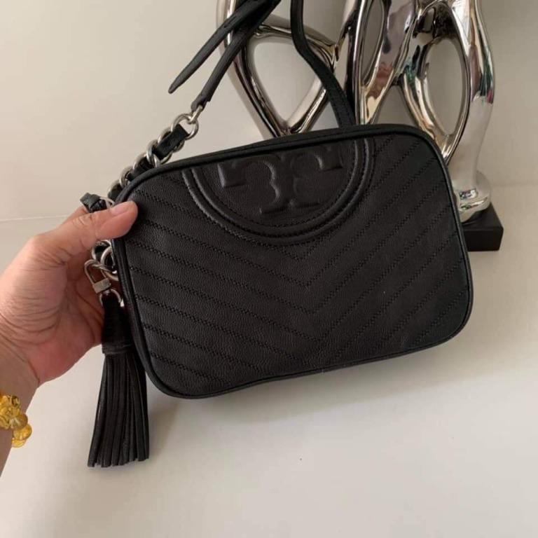 Tory Burch Fleming Distressed Chevron Camera Bag Black
