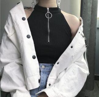 Korean Ring Zipper Hank Crop Tank Top