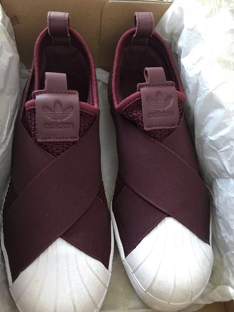 Adidas Superstar Slip-on in Burgundy, Women's Fashion, Footwear, Flats \u0026  Sandals on Carousell