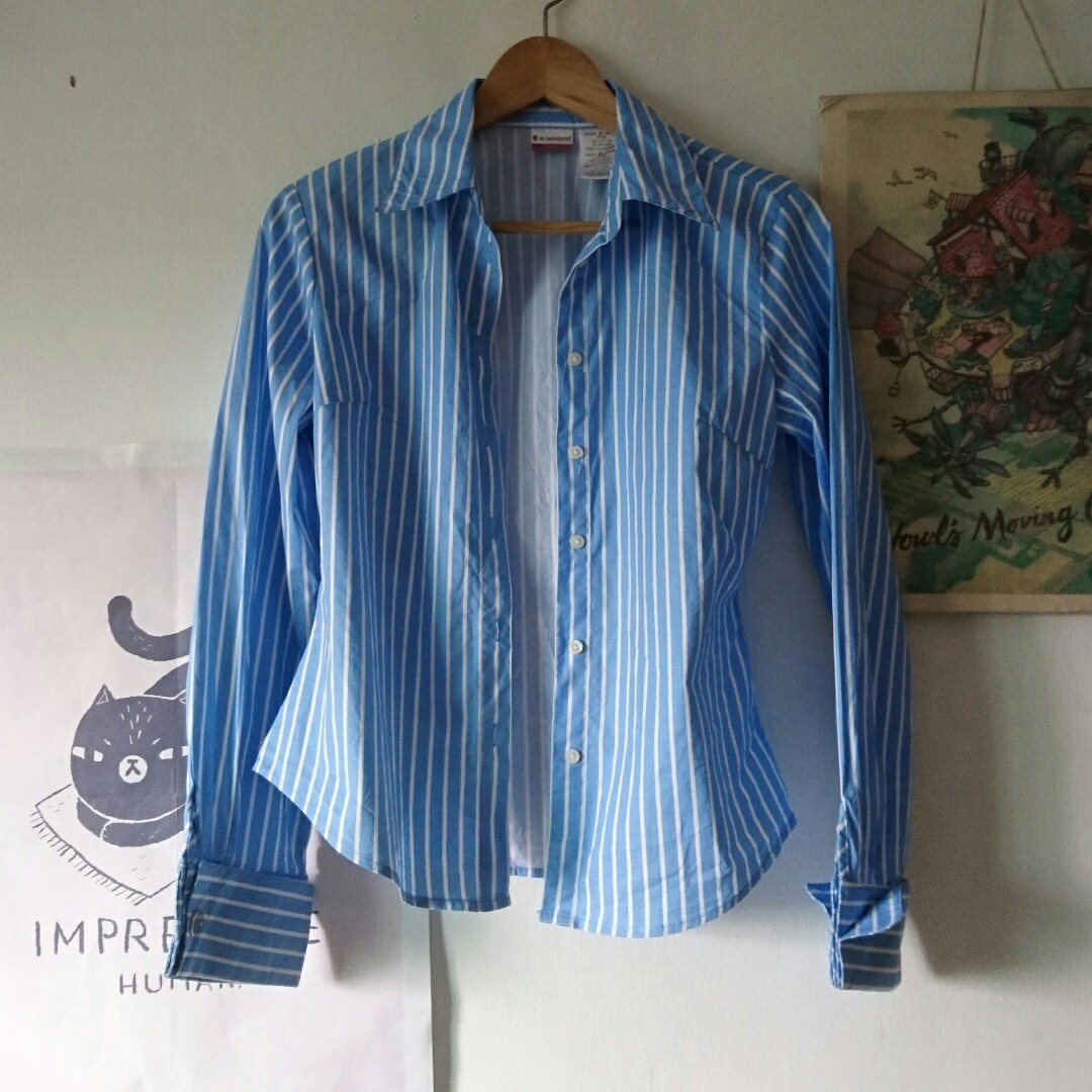 blue and white striped button down shirt