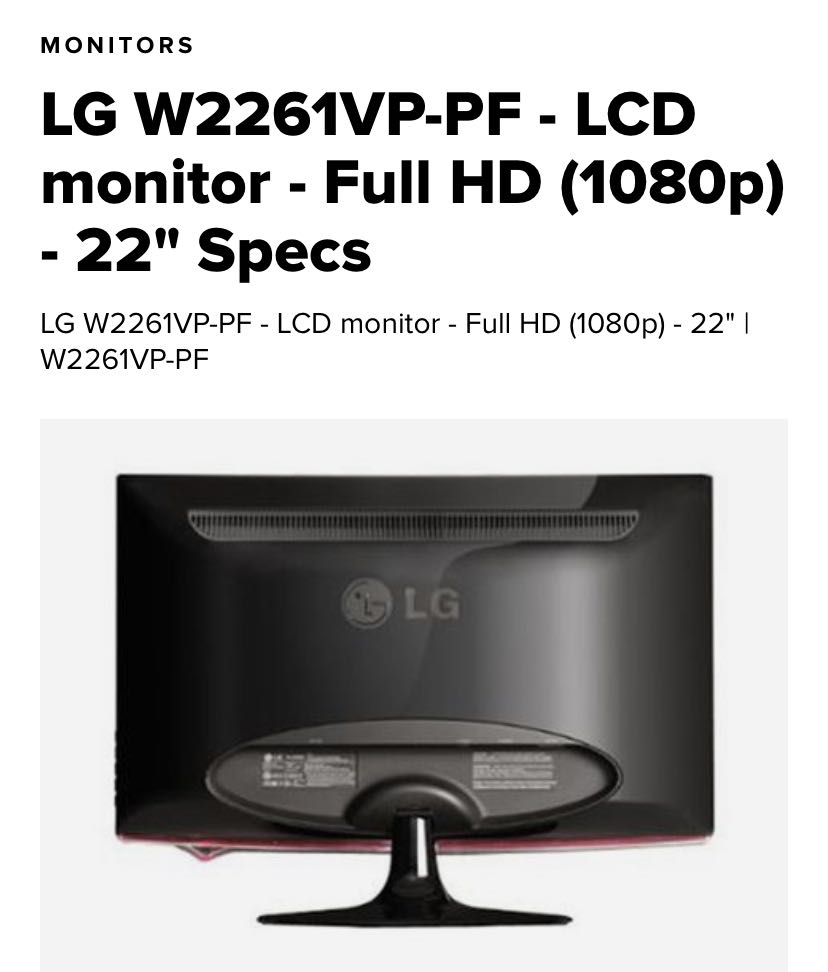 Lg Monitor 22inch W2261 Electronics Computer Parts Accessories