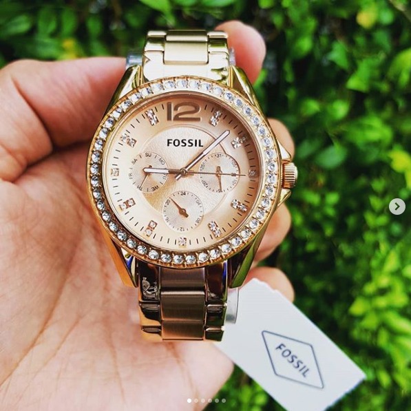 Fossil women's riley stainless steel multifunction glitz quartz watch discount