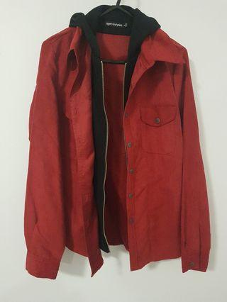 Red hooded velvet jacket