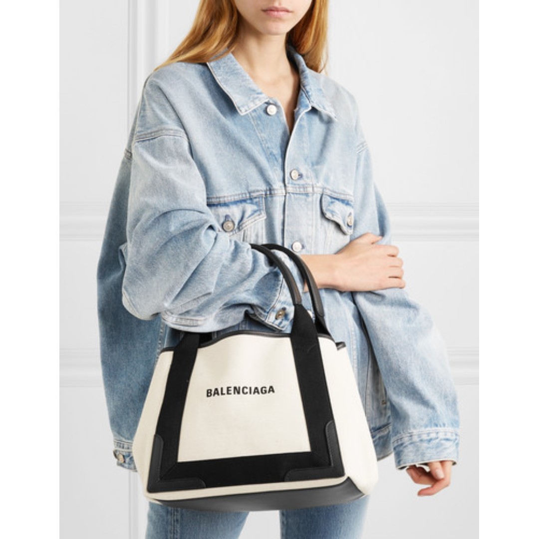 BALENCIAGA Cabas small leather trimmed canvas tote Women s Fashion Bags Wallets on Carousell