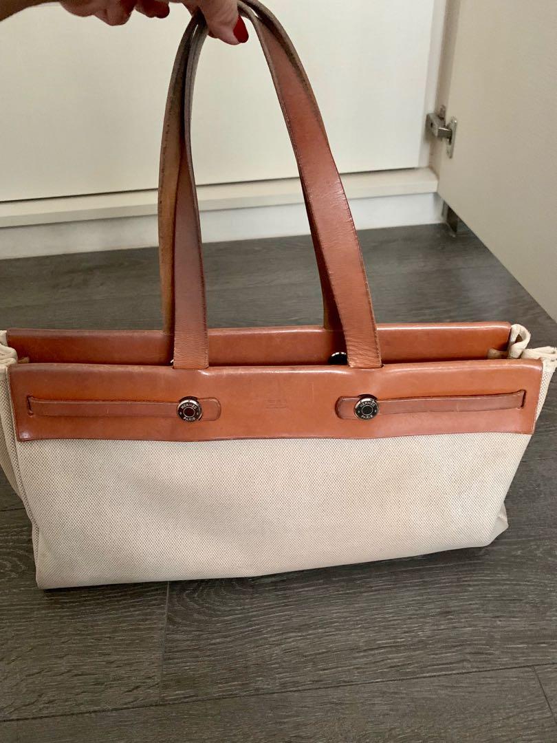 Hermes Herbag Tote Bag Cabas PM Brown Vibrato Leather and Canvas 2-In-1 Bag  HTF For Sale at 1stDibs
