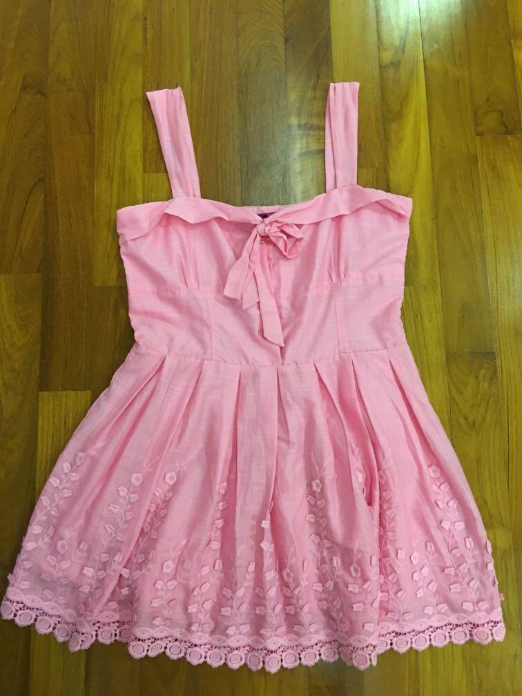 Pink Mini Dress With Floral Design And Ribbon Women S Fashion