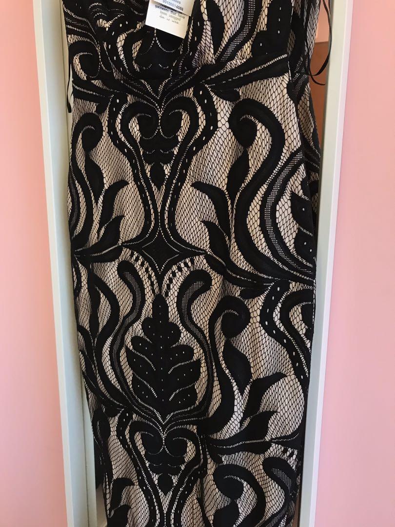Quiz Black and Stone Lace Bardot Dip Hem Dress UK 8