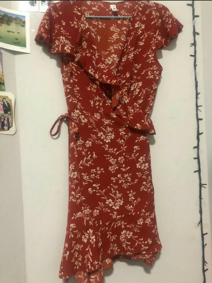 Red Wrap Dress With White Flowers Women S Fashion Clothes Dresses Skirts On Carousell