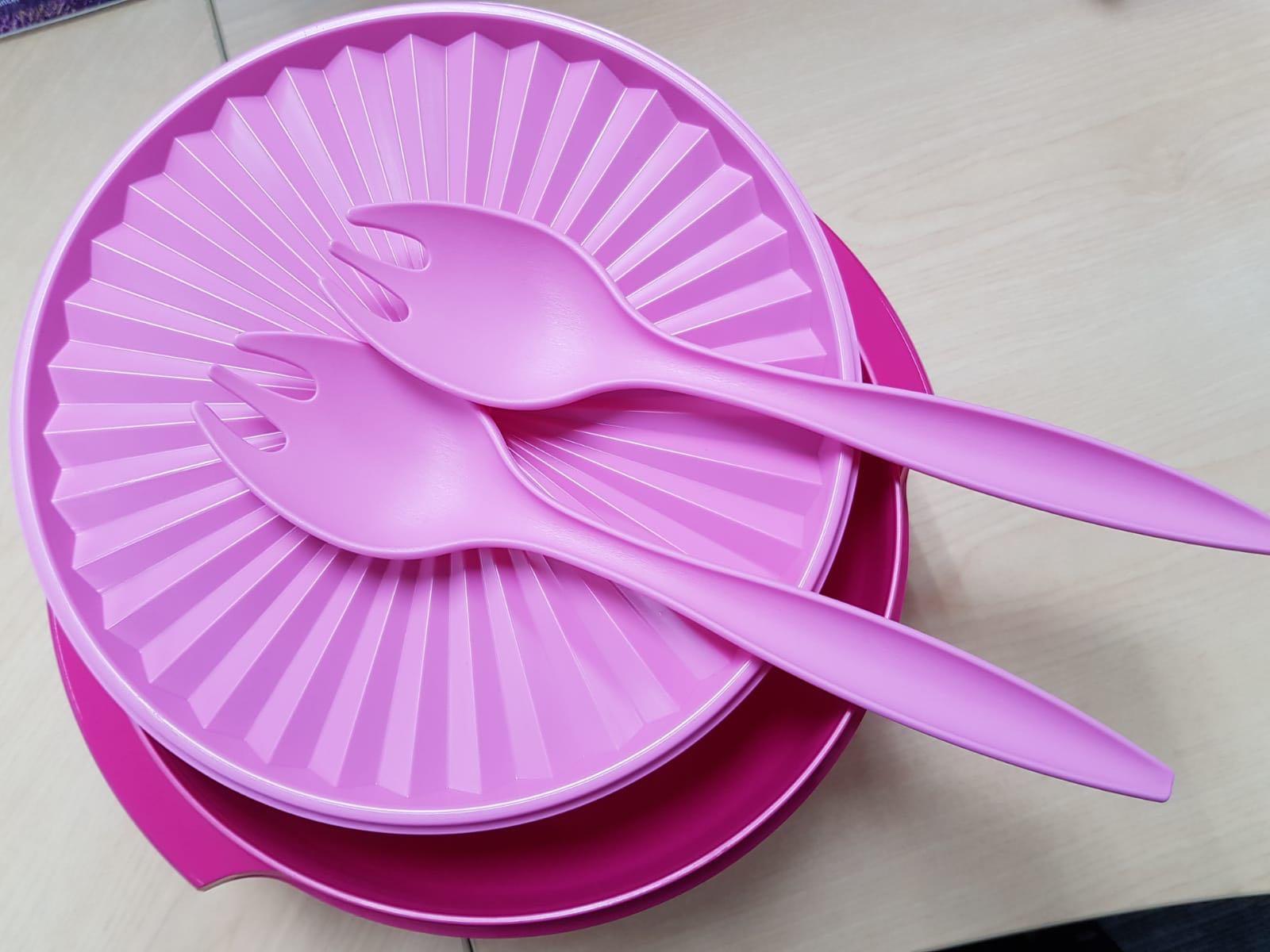 Tupperware Large Salad Bowl with Forks (Pink), Furniture & Home Living