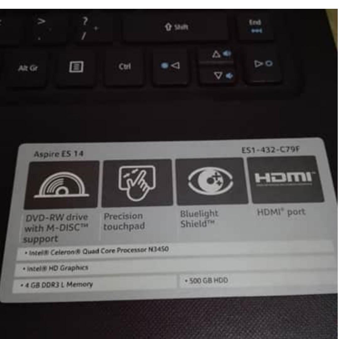Acer Aspire Es1 432 C79f Intel Celeron Quad Core N3450 Electronics Computers Laptops On Carousell