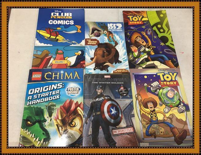 Books for the Boys (Category: Children's Books) located in Makati City. Submitted by Kloset (Listing ID 239927985, Image 1). Description: 2 Toy Story Captain America ( The Secret Files ) Ice Age 2 ( The Movie Novel ) Chima Club Penguin Comics.