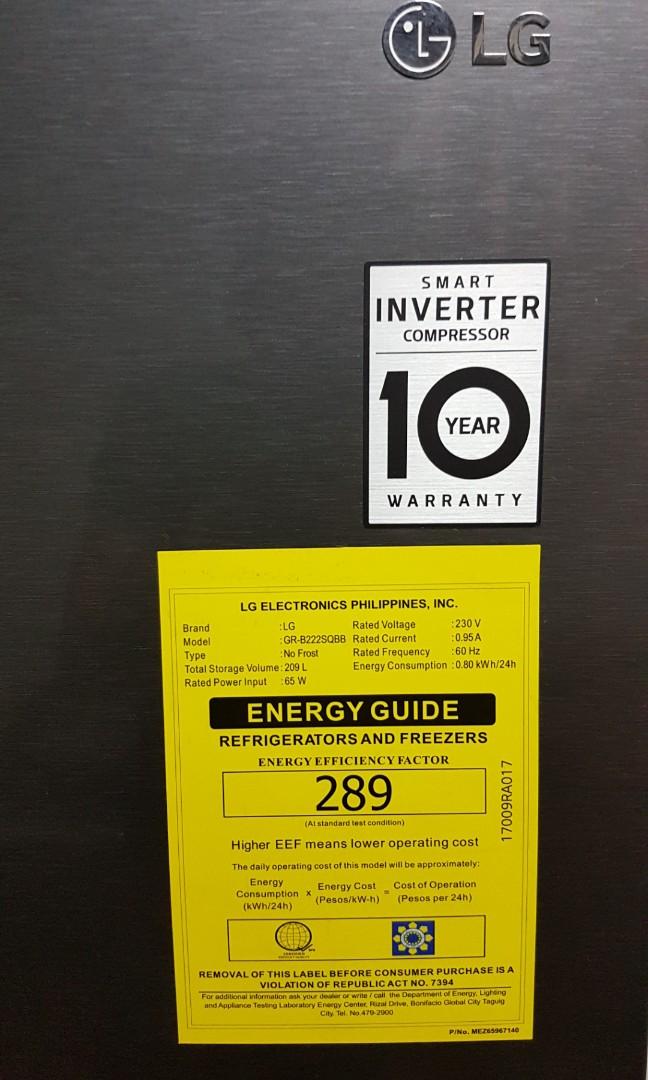 Lg refrigerator power consumption in hot sale watts