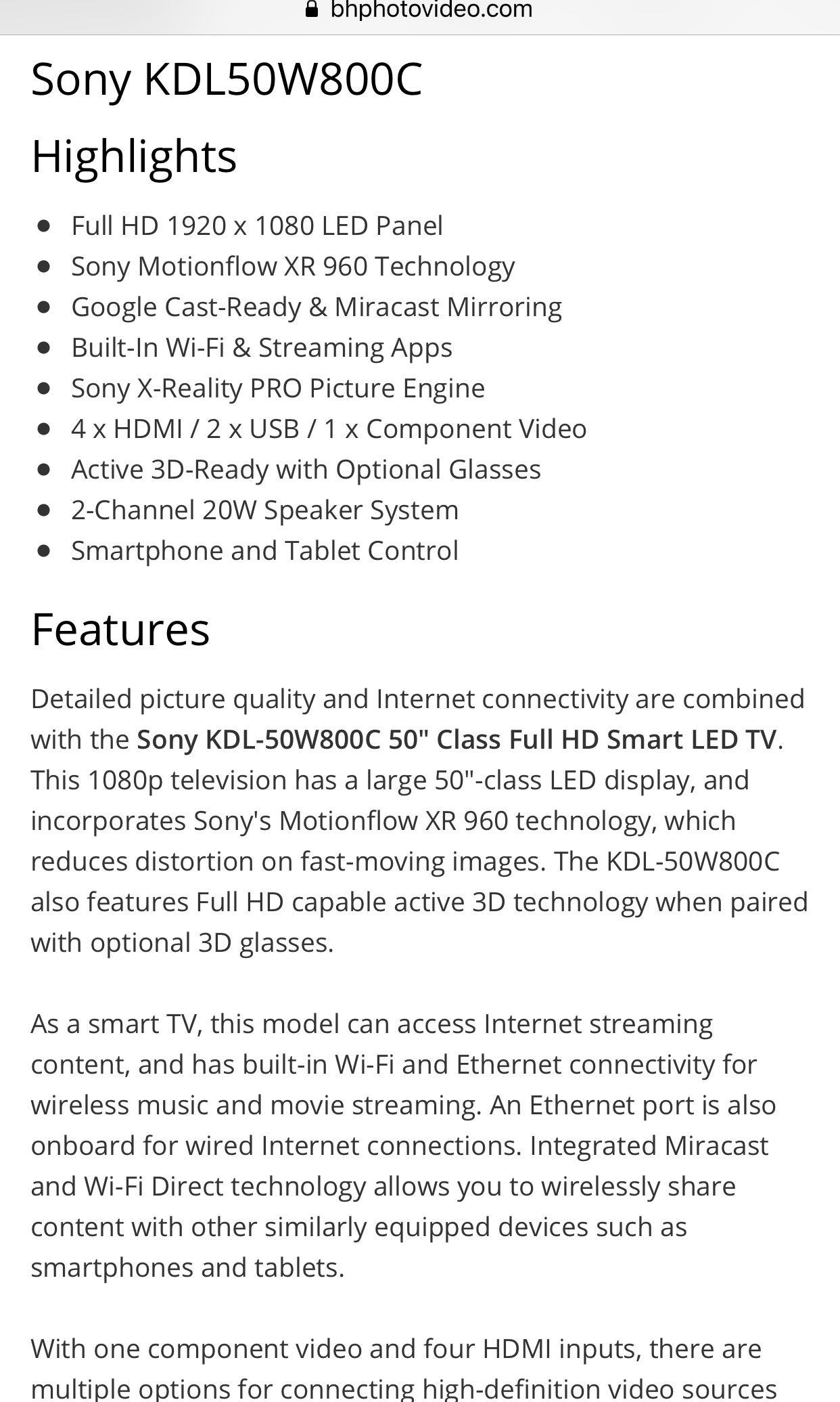 Sony 50 inch KDL50W800C Full HD Smart LED TV (Free Sony Sound bar), TV