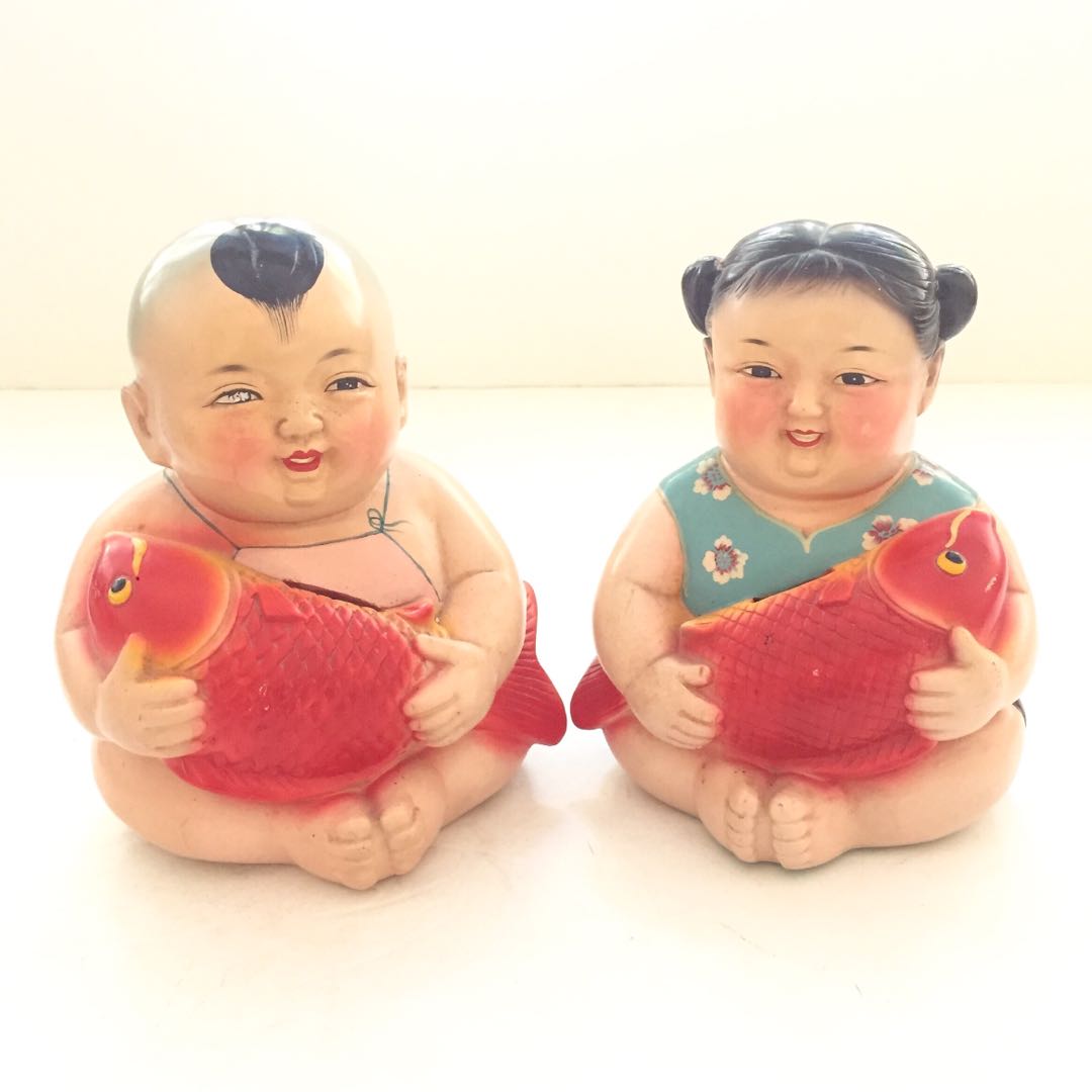 Vtg Lot Of 2 Chinese Huishan Mini Clay Good Luck Figurines Boy Girl Holding  Fish 