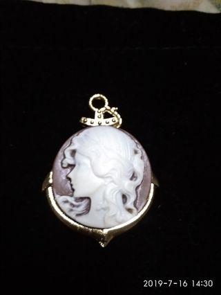 Victorian round lady cameo in gold settings made of resin could be pendant or necklace with chain
