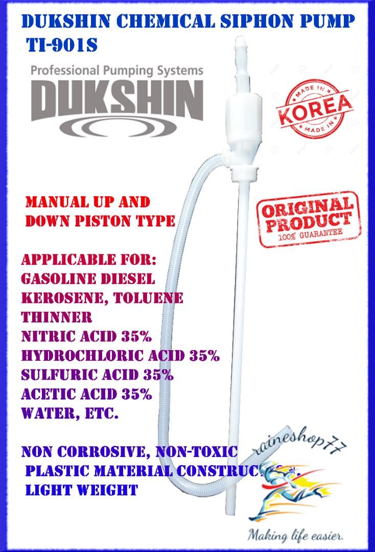 Dukshin Chemical Siphon Pump Drum Pump (Category: Construction Tools & Equipment) located in Manila. Submitted by raineshop77 (Listing ID 240210261, Image 1). Description: DUKSHIN Chemical Pump Big White TI – 901S MADE IN KOREA Suction Type : manual up and down piston type / Heavy duty Applicable liquids : Gasoline, Diesel, Kerosene, Toluene, Thinner, Nitric acid 35% , Hydrochloric acid 35%, Sulfuric acid 35%, Acetic acid 35%, Water, etc. Non cor