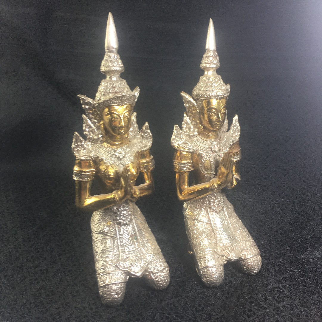 Pair of Thai Guardian Angel Theppanom Buddhist Sculpture Brass Statue Old Amulet