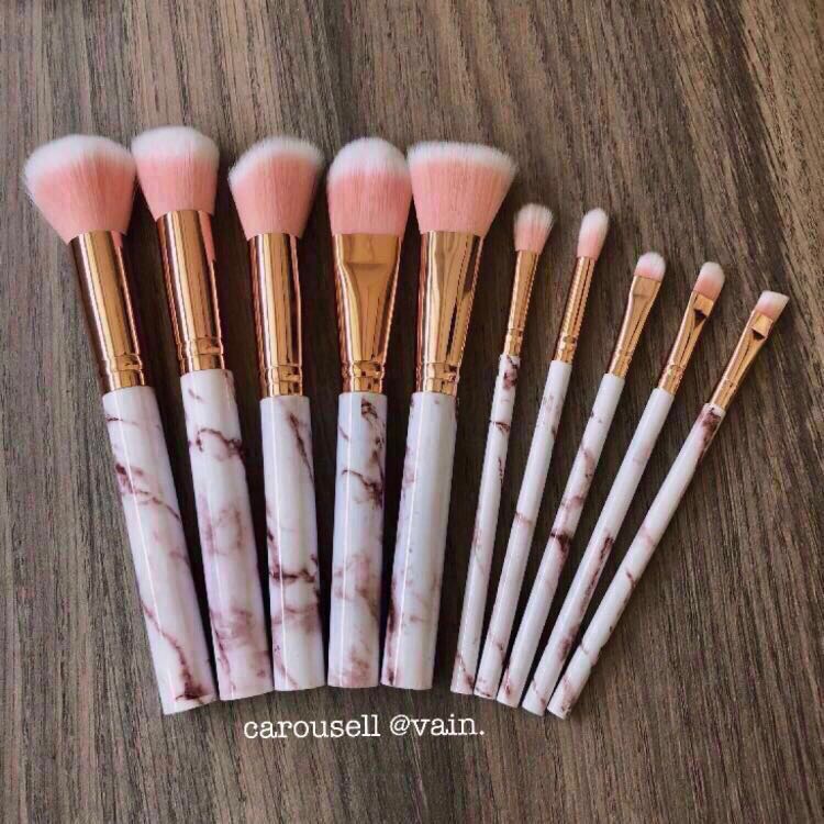 Instock 10 Piece Rose Gold Marble Pink Tip White Makeup Brush Set