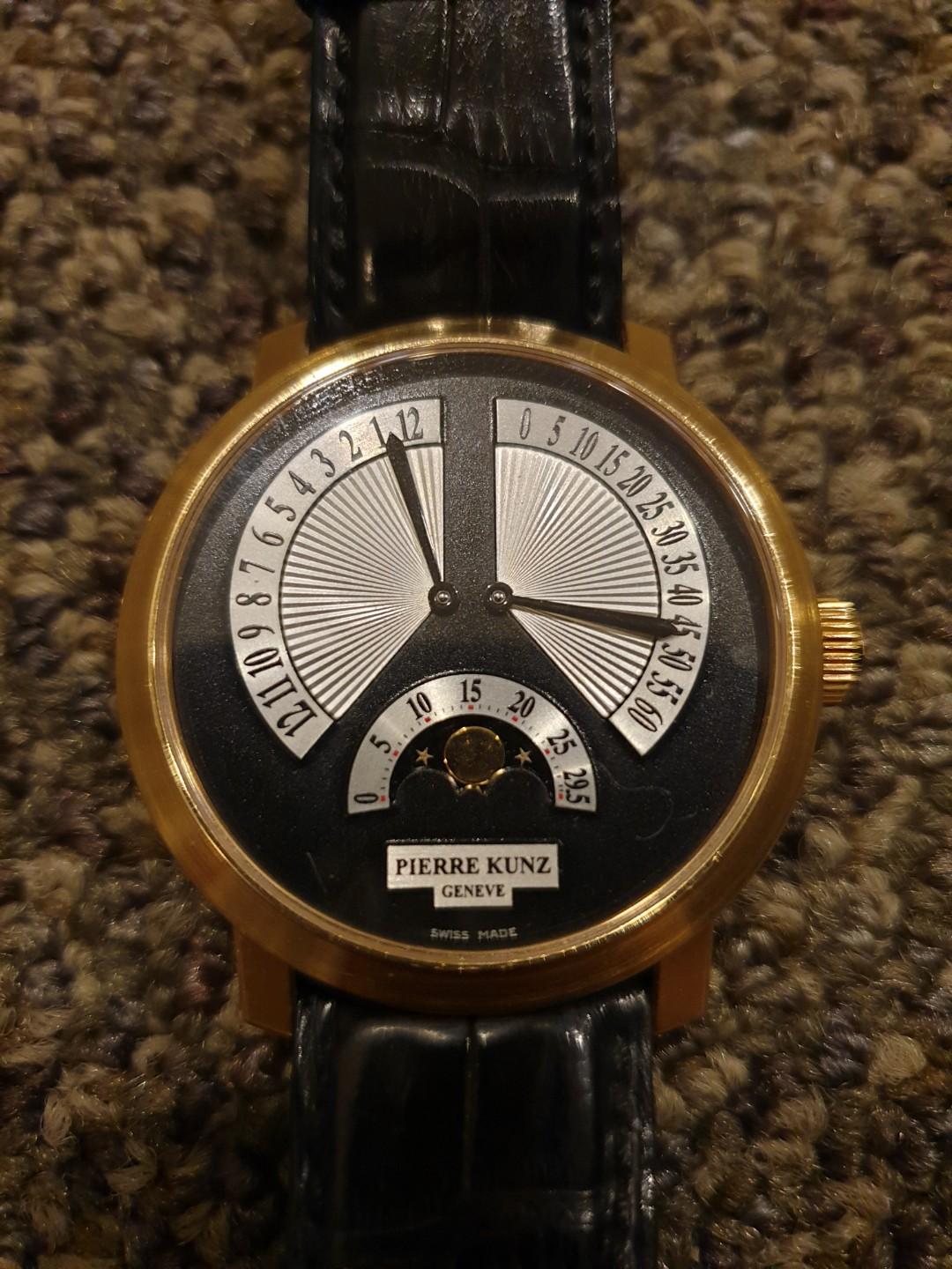 Pierre kunz mens watch (Category: Luxury Watches) located in Mandaluyong City. Submitted by gusteng (Listing ID 240127232, Image 2). Description: Complication Pierre Kunz, Complication Retail prices not available Reference A004 HMRL Movement Automatic Case Material Rose Gold Band Materials Alligator Leather Diameter / Width 41mm Reference A004 HMRL Case Shape Round Case Material Rose Gold Case Color Golden Diameter / Width 41 mm Power Reserve 42 