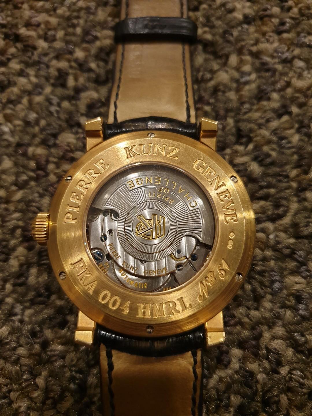 Pierre kunz mens watch (Category: Luxury Watches) located in Mandaluyong City. Submitted by gusteng (Listing ID 240127232, Image 3). Description: Complication Pierre Kunz, Complication Retail prices not available Reference A004 HMRL Movement Automatic Case Material Rose Gold Band Materials Alligator Leather Diameter / Width 41mm Reference A004 HMRL Case Shape Round Case Material Rose Gold Case Color Golden Diameter / Width 41 mm Power Reserve 42 