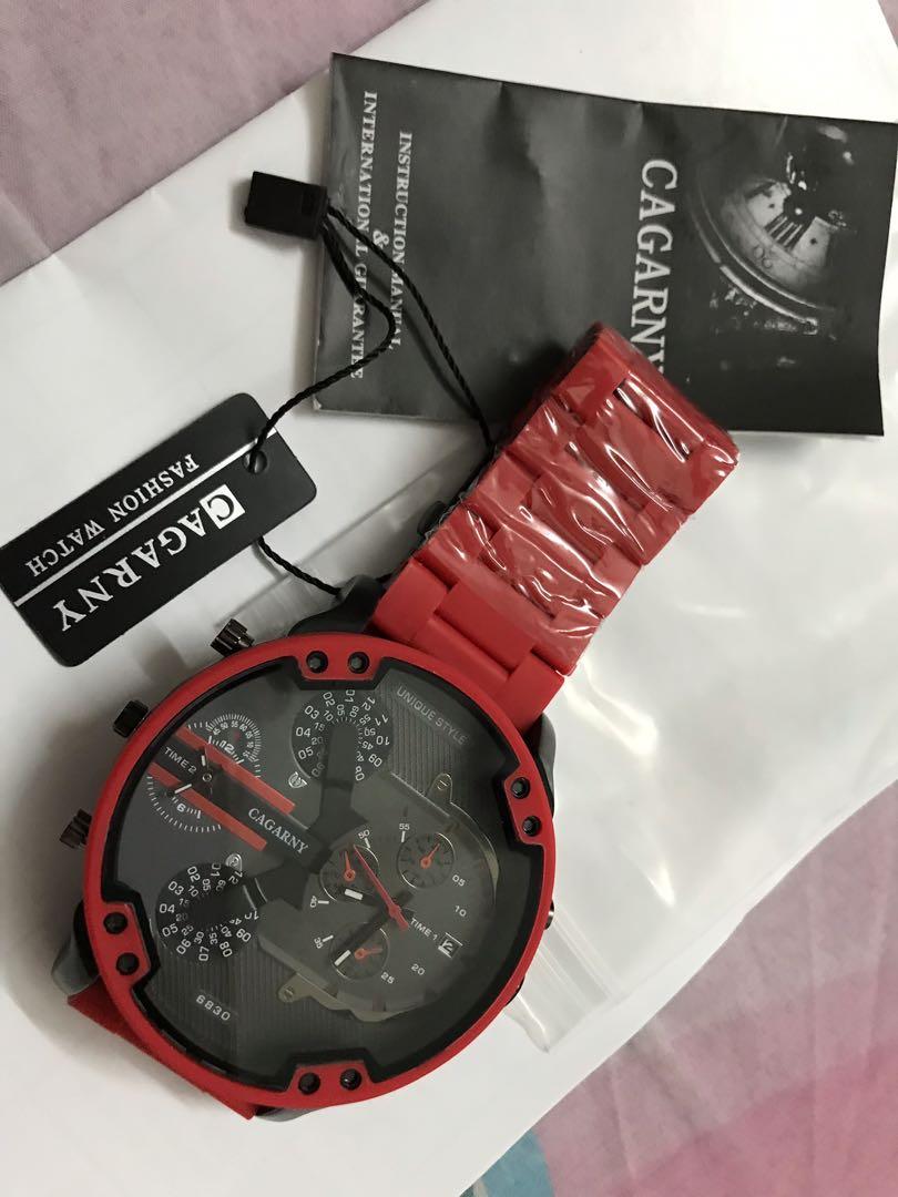 Red silicone steel discount band sports watch