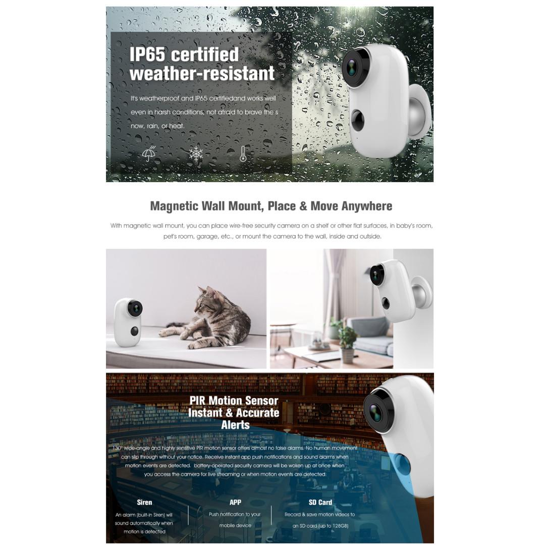 Smart WiFi Wire-Free Battery Camera - Waterproof (BC02) (Category: Security Systems & CCTV Cameras) located in Marikina City. Submitted by sbrfsmartgadgets (Listing ID 240118116, Image 2). Description: Outdoor Camera Wireless with Batteries (BC02) - Smart Life and Tuya APP compatible - 720P Camera (IR LED for Night Recording and Viewing) - WATERPROOF IP65 Rating - 130 Degrees viewing angle - Supports 2-Way Audio. You can speak with the person in 