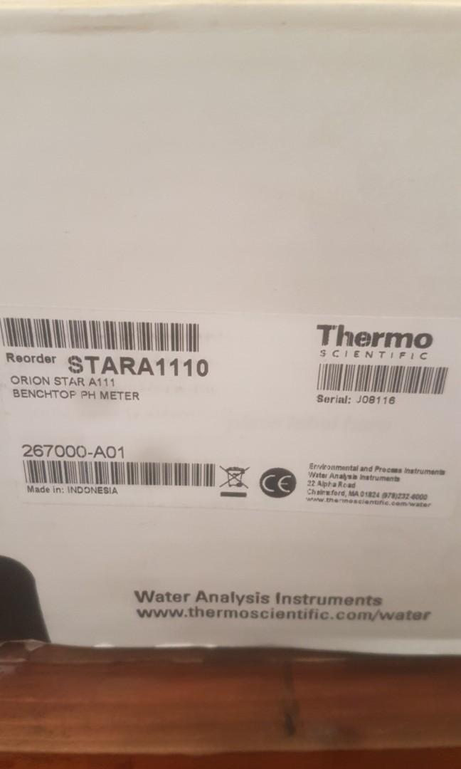 Thermo Scientific PH Meter (Category: Thermometers) located in Quezon City. Submitted by goldenmomma (Listing ID 240310495, Image 3). Description: *Uncalibrated STAR 111 Model Thermo Scientific Orion Star A111 pH Benchtop Meter will take simple, accurate pH measurements Large LCD display shows pH or mV readings along with temperature; icons provide quick updates on battery life, electrode status and calibration information up to three point pH ca