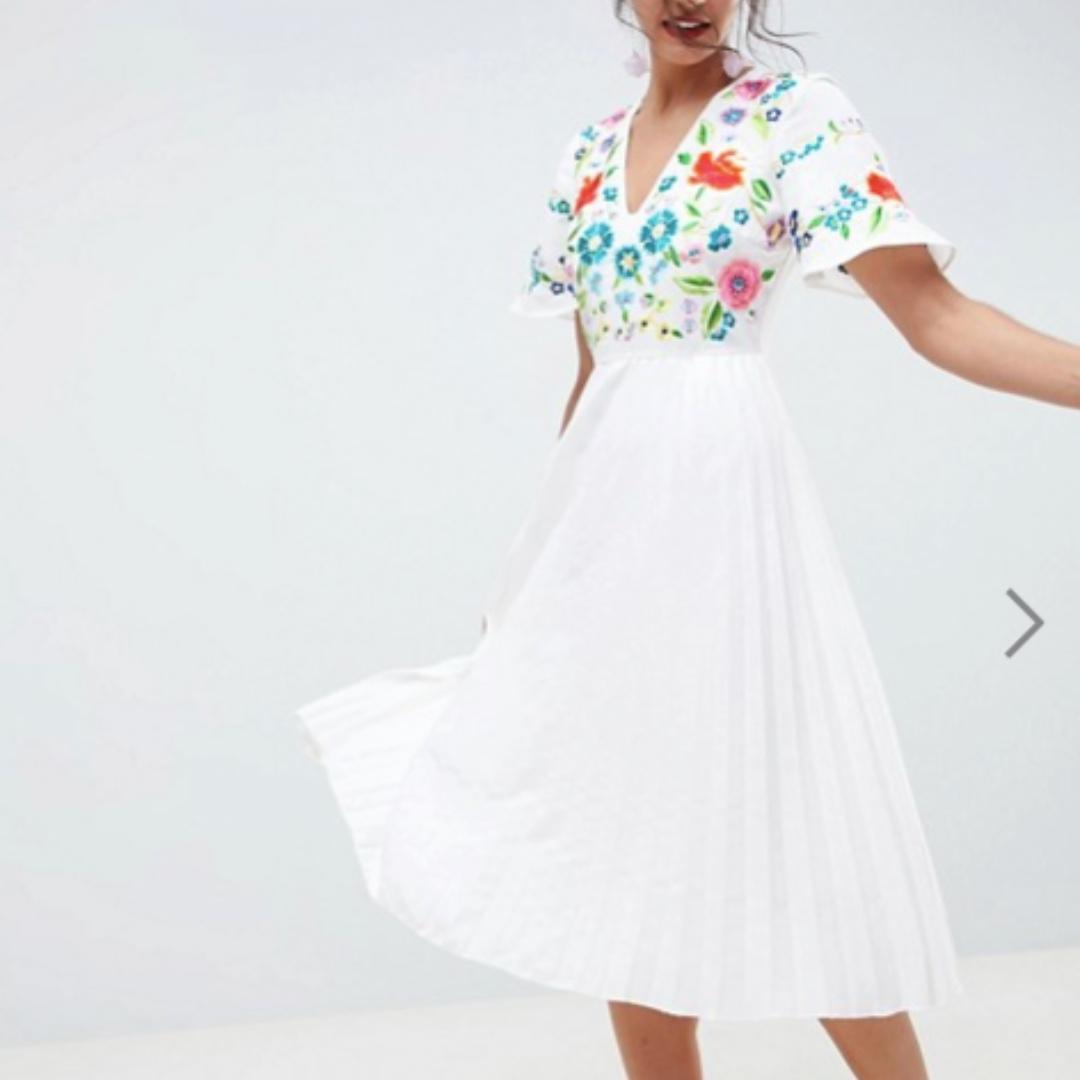 asos design pleated embroidered midi dress