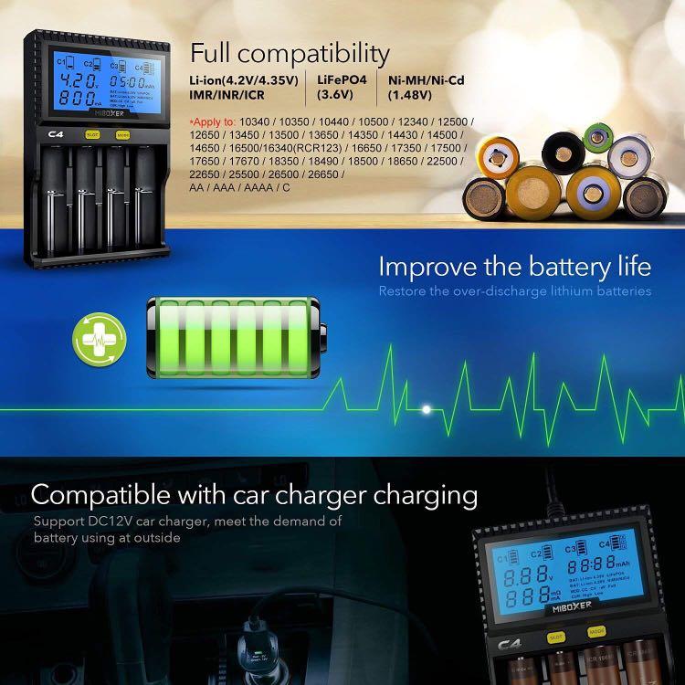  18650 Battery Charger 4 Bay Fast Charge, for 3.7V Li-ion TR IMR  10440 14500 16650 14650 18350 18500 16340(RCR123) Batteries, USB  Intelligent Universal Rechargeable Battery Charger : Electronics