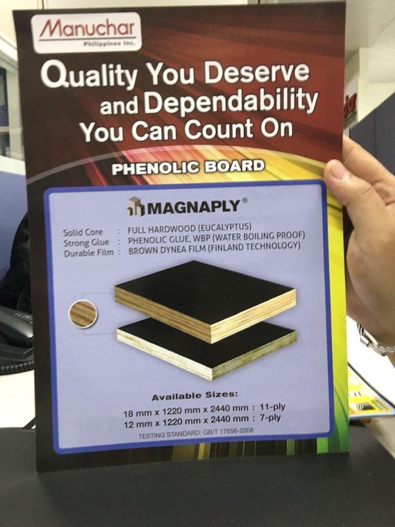 Phenolic Boards (Category: Construction & Building Materials) located in Taguig. Submitted by jemb02 (Listing ID 240542280, Image 3). Description: 12mm - 1050 18mm - 1350 Discount depending on the volume of orders We also have Gypsum Boards Smart Boards Double Furring Carrying Channel Tracks Studs Etc. For inquiries please call or txt Jerriemy Buenaobra Sales Executive 09956389069.