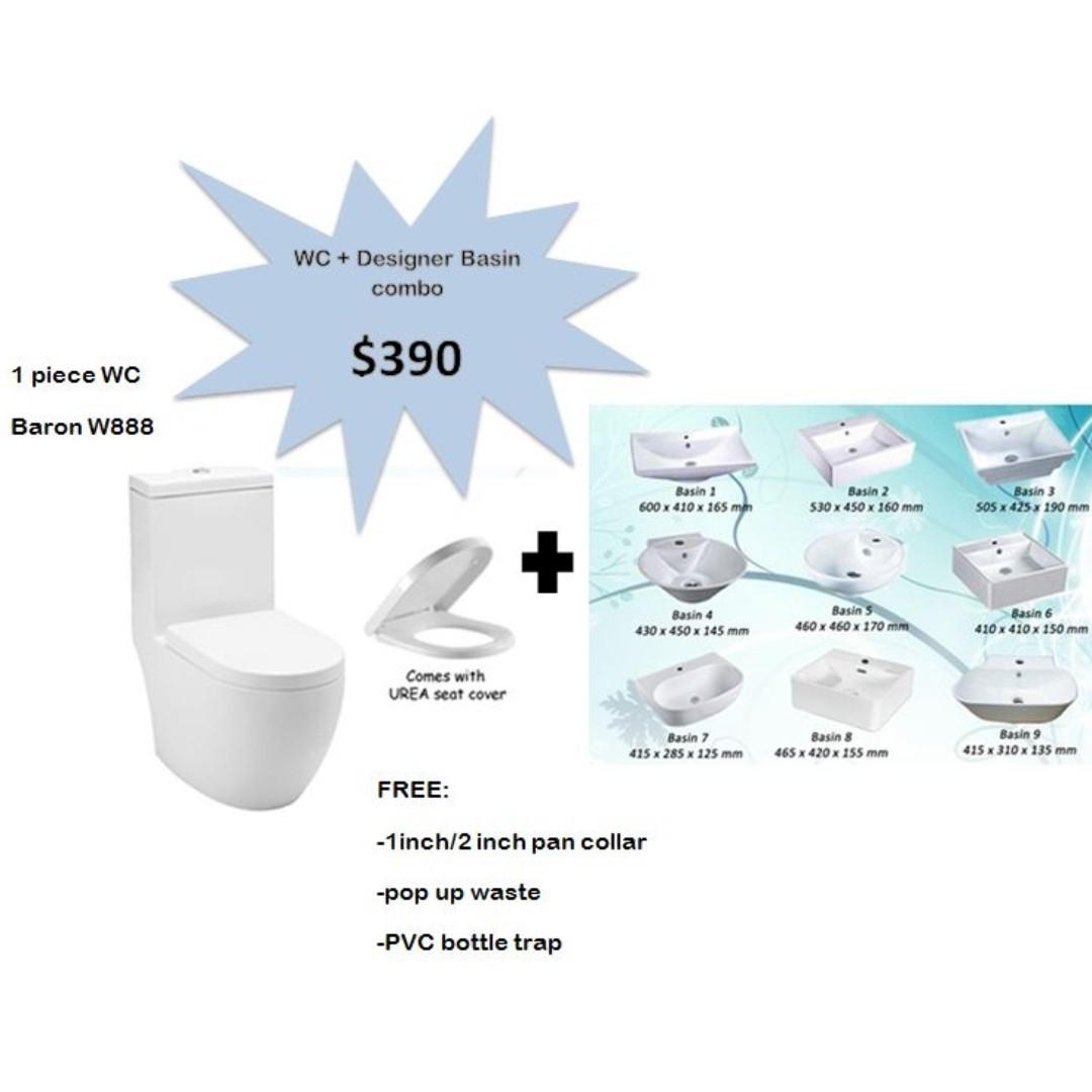 Bathroom Toilet Bowl Baron WC + Designer Basin Combo Package, Furniture