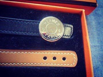 Hermes bracelet (Category: Luxury Accessories) located in Quezon City. Submitted by karma_para_sa_bogus (Listing ID 240736034, Image 3). Description: Hermes looping bracelet. Black and gold (brown/tan) leather straps. Unisex. Large size. Excellent preowned condition. 16,900php.