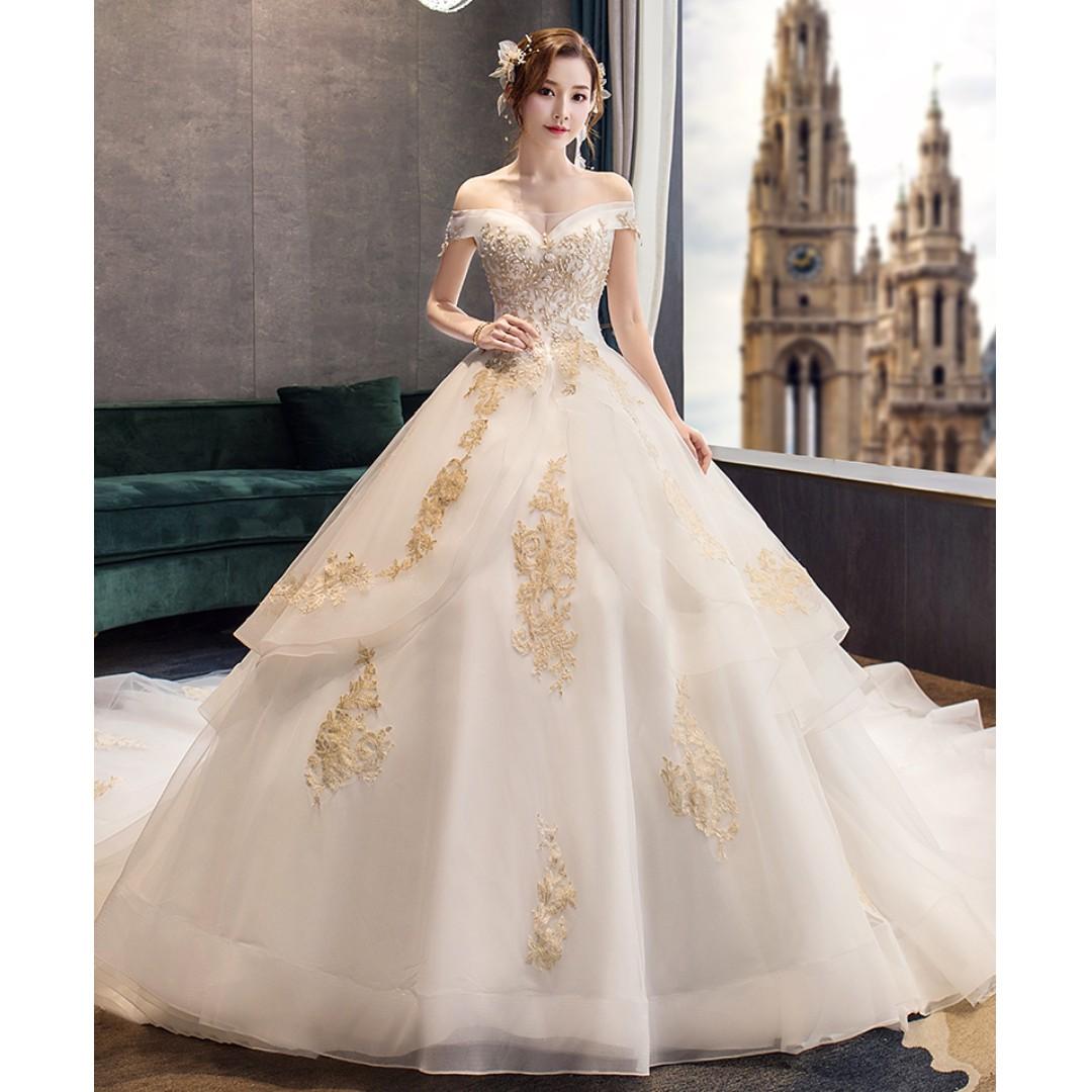 Gold and off cheap white wedding dresses