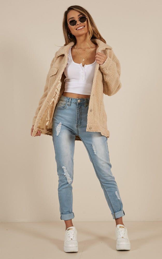 Showpo Future Faces Jacket Beige Teddy Women s Fashion Coats Jackets and Outerwear on Carousell