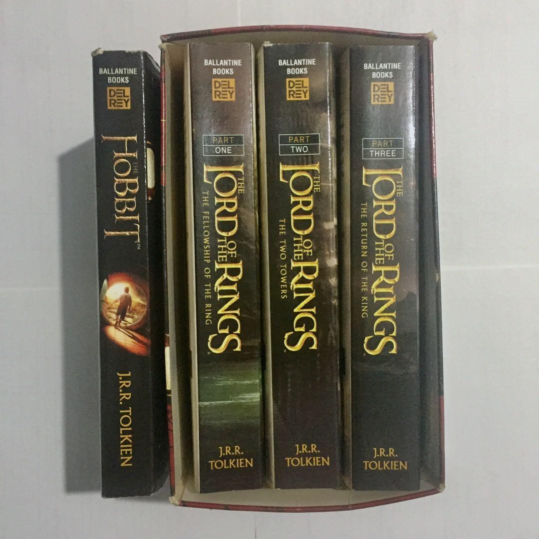 Tolkien | LOTR Box Set (4-Books) (Category: Storybooks) located in Taguig. Submitted by in.good.faith (Listing ID 240736128, Image 2). Description: Title: The Lord of the Rings Box Set (4 Books) Author: J.R.R. Tolkien Publisher: Ballantine Selling Price: Php1000 (-33%) | Original Price: Php1500 Condition: Books are 9/5. Books 1-2 read only once with special care. Never got to open and read Books 3-4. Hence books are in good condition. Payment Mod