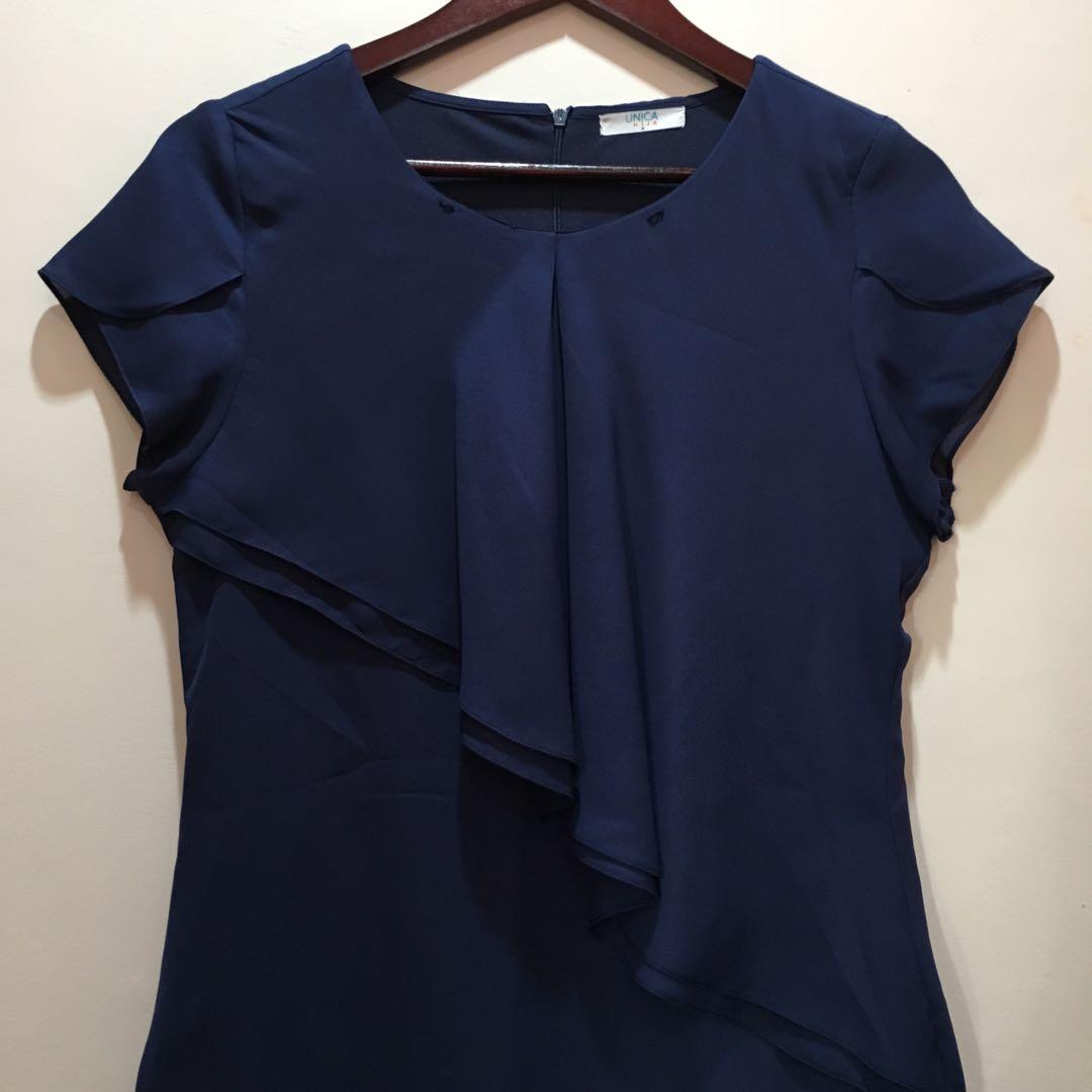Unica Hija Plain Navy Blue Dress with ruffles short Sleeves Party