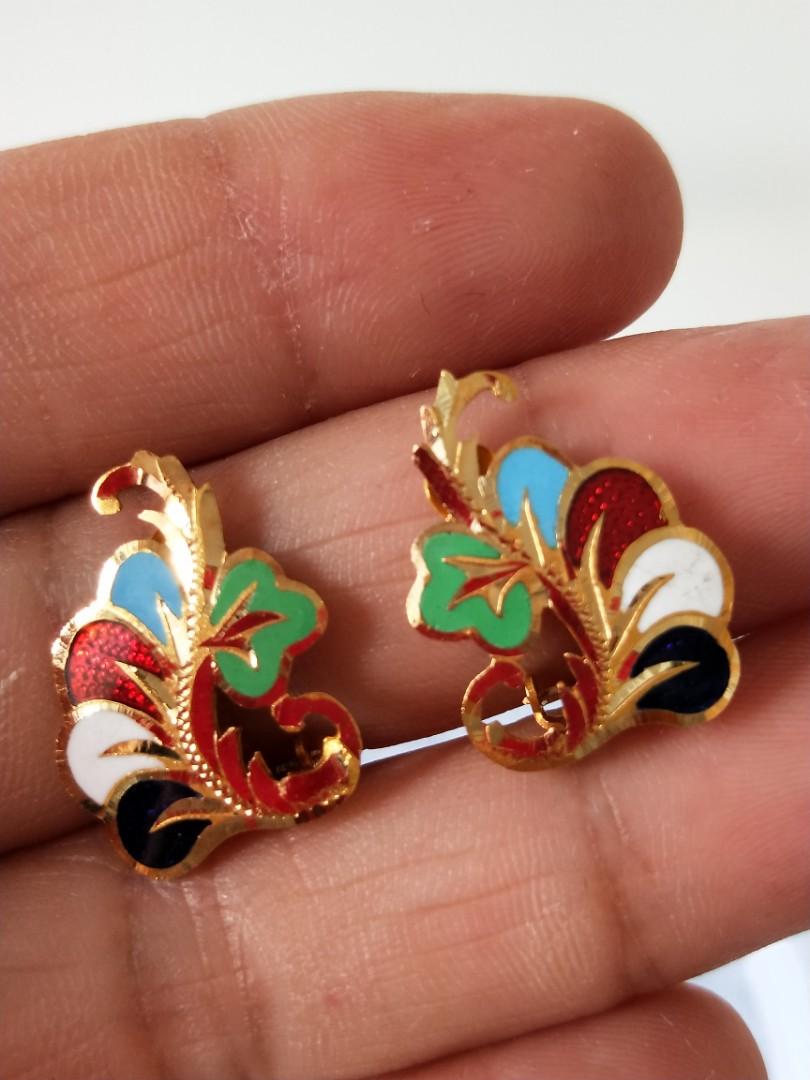 Vintage Poh Heng 20K gold enamel earrings Peranakan Straits Chinese