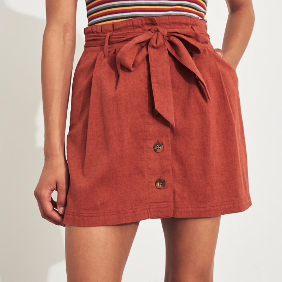 Paper-Bag Linen-Blend Skirt 