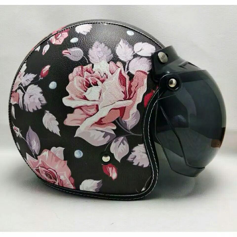 Helm Retro Bogo Kulit Dark Rose Shabby Chic Kaca Bubble Halfface Sni Motor Di Carousell