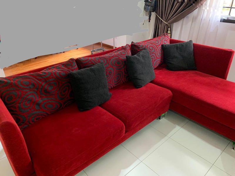 L Shape Sofa Red And Brown Fabric, Red Fabric Sofa L Shape