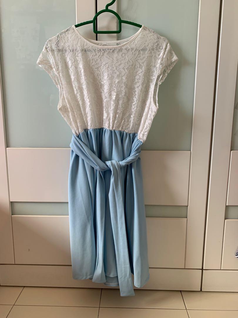 white top blue skirt dress